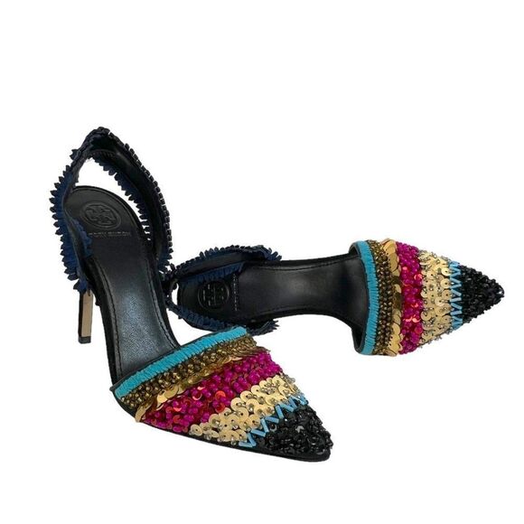 Tory Burch Isle Beaded Slingback 105mm Pump Sequins Black Multi-Color Size 5.5 M - Picture 1 of 14